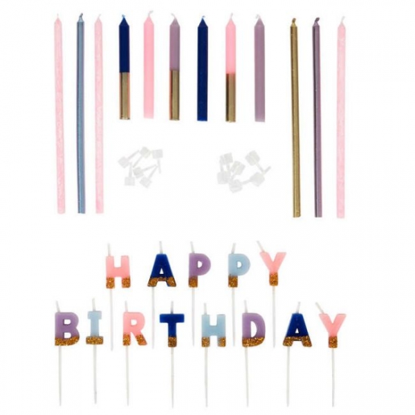 Candle Set - Happy Birthday / Pink Blue Lilac Gold